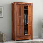 ONIJA Wooden 2 Door Wardrobe for Clothes with 2 Drawer 4 Shelf Storage & Hanging Space - Sheesham Wood Almirah for Bedroom - Solid Wood Large Cupboard
